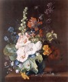 Hollyhocks und andere Blumen in einer Vase Jan van Huysum